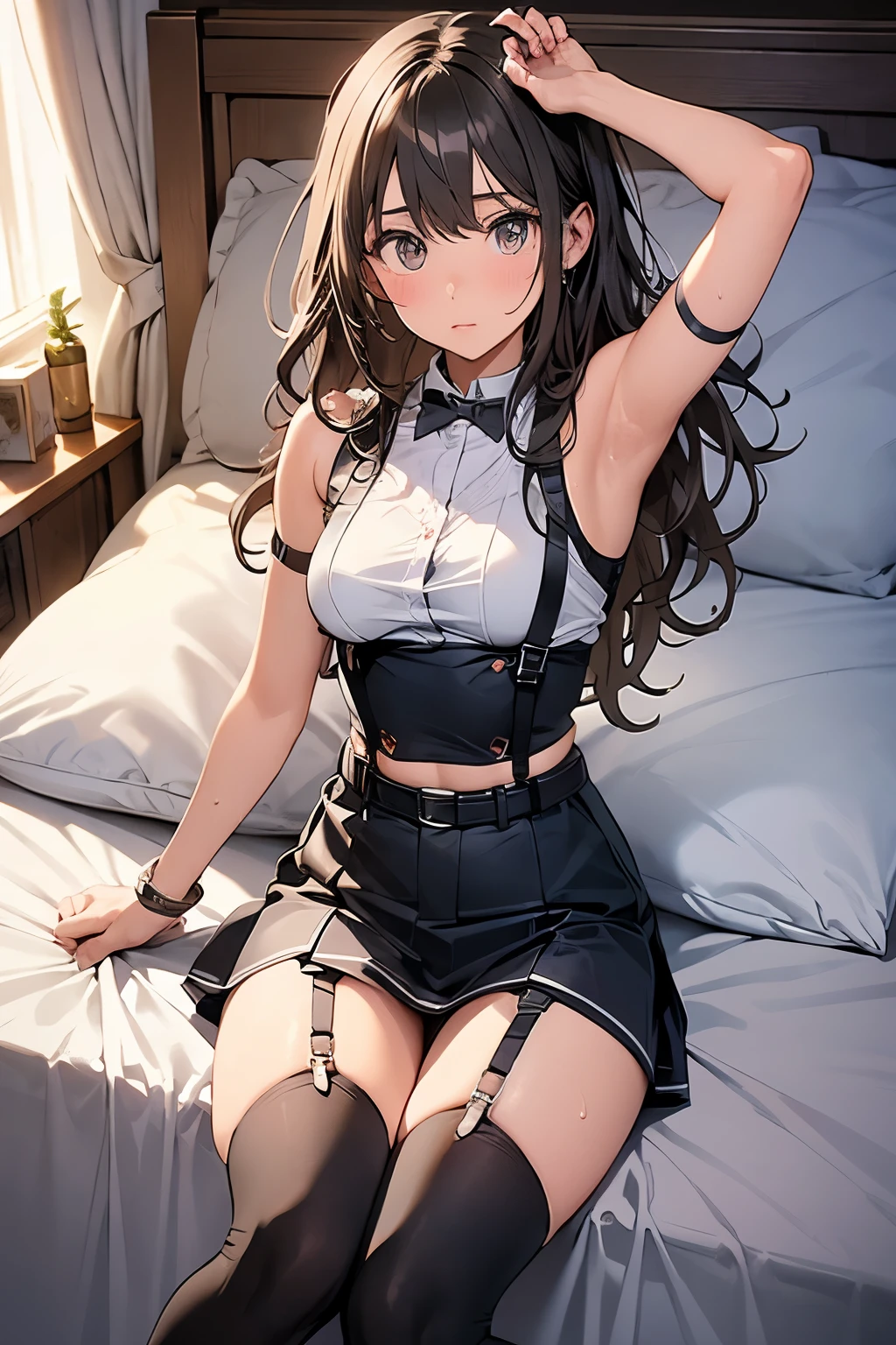 Gazing at the audience　　　Black suspenders　　　bulging big breasts　　 　 　　　wall 　mini skirt　garterbelt　garter　　　　　　vision　　　Small face　 　　　holster　　　Beautiful woman　　Show me your hands　　 Lying in bed　　vision 　　Taunt　~ side　~ side汗 　arm　　belt　summer　Armpit sweat