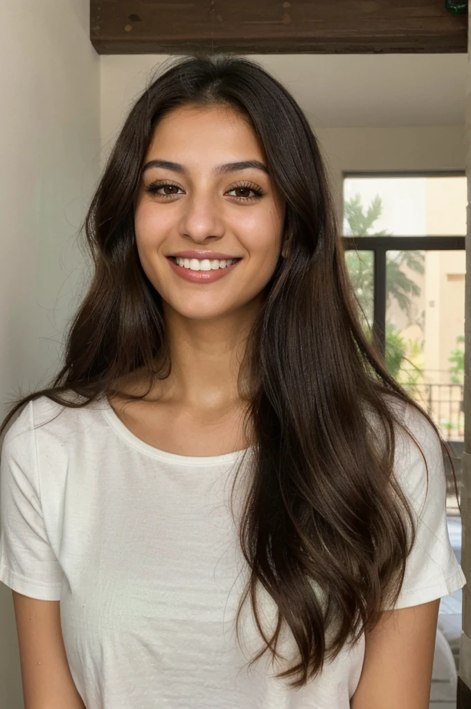 24YO, one attractive Jordanian women, cute smile, white teethes, skinny face, green shirt, light brown eyes, small nose, black/brown long hair