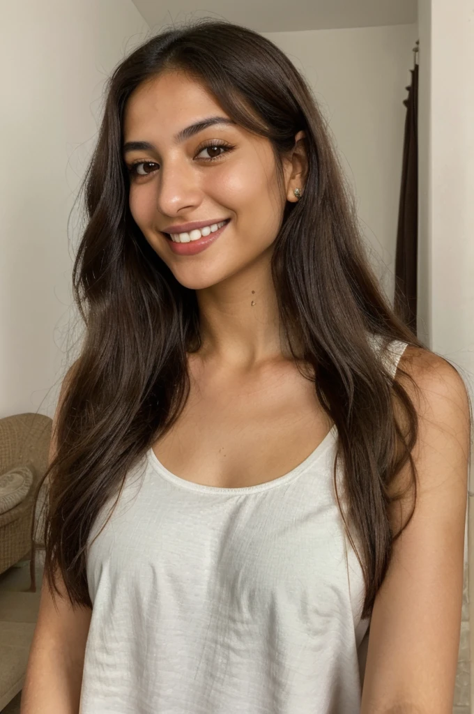 24YO, one attractive Jordanian women, cute smile, white teethes, skinny face, green shirt, light brown eyes, small nose, black/brown long hair