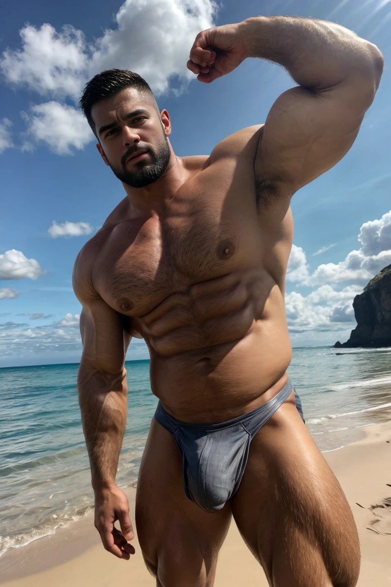 Ultra wide angle，Medium shot of two handsome guys，plump breasts，Swelling of chest muscles，Full chest muscles，Swelling of chest muscles，Sweating，Skin is moisturized and shiny，(face slimming)，Small head，short hair，beard，Sexy and charming expression，Gloomy eyes，blue eyes，Naughty and cool，Handsome and cool guy, (Topless), ultra thin pantyhose，Big bag highlights，(Full chest muscles)，(breast muscle swelling)，Chest and belly hair，Topless，Skin smooth and hydrated，fiery, Super Sexy, Behind him is the sea, standing on a sandy beach by the ocean，There are flying fish and dolphins in the water，of a Topless, member, Very sexy,Blue sky and white clouds, member, Looks hot, intense smoldering, Attractive and good looking, 30 years old, Attractive man, Sexy masculine, 8k Reality, Ultra-detailed photos, Bulger j8,Perfect hand details，Perfect facial details