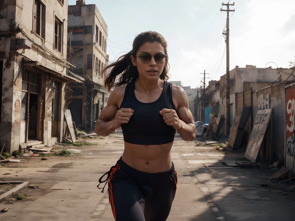 running man, A very muscular man with a strong build. He has a well-defined jaw and a serious expression, doesn't look at the camera. Su piel es clara, y tiene barba corta. karateka, Running for your life!, pants, chaqueta gruesa abierta mostrando su torso bien definido, hermoso rostro,lleno de luz,Una mirada decidida, corte militar, ruso, apocalyptic city background, luchando contra zombies, punches against zombies, sneaker mask, gafas de sol, torso peludo, cara mirando a otro lado, no background vacío, dinamic pose