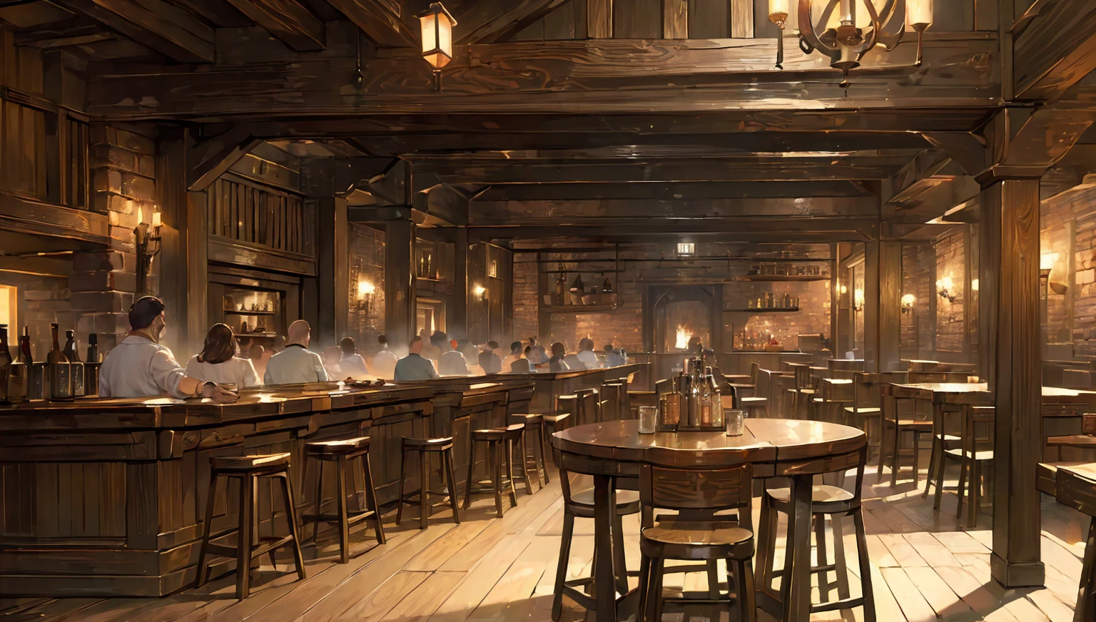 (masterpiece:1.5), (best quality:1.5), (extremely detailed:1.5), tavern, industrial era tavern, old tavern, wood, tables, peoples, night, light, beers, big tavern, bartender at back, (wood ground), (full of people), (rounds tables), (fantasy tavern), scrappy tavern, (big guys, fat client)