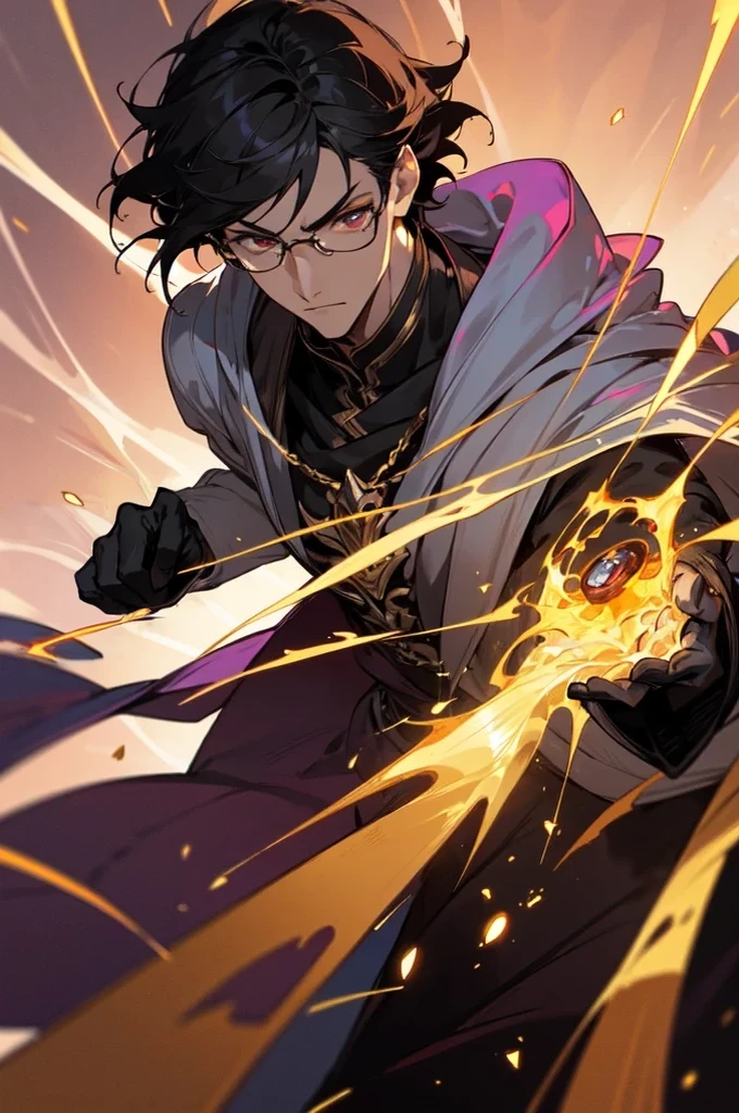 masterpiece, best quality, 1 male, young, tall muscular, handsome, finely detailed eyes, intricate details, black hair, short hair, evil face, solo, upper body, detailed dark shadow background, detailed face, good sorcerer, color magical robes, determined expression, white color scheme, dark crimson light, glowing magical runes, realistic lighting, floating particles, sparks, surrounded by gold lightning red arcane symbols, corrupted by eldritch power, bloom, glasses, gloves