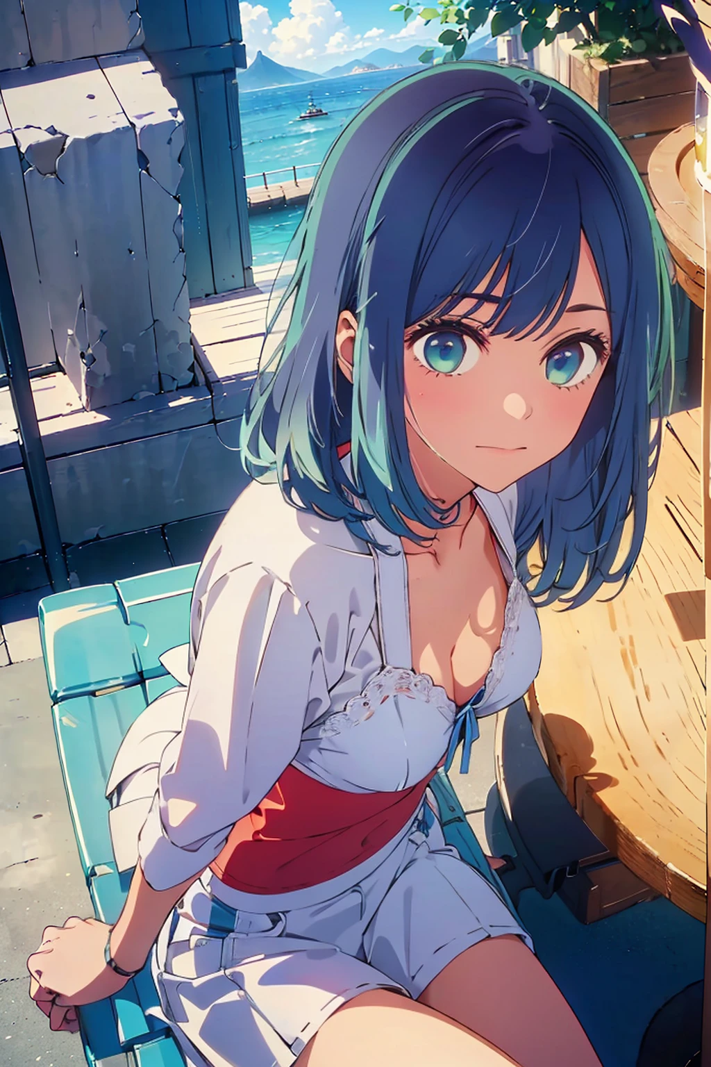 Highest quality,8k,detailed,F cup bust、Big Breasts、Slim and beautiful arms、Slim body、Very white beautiful skin、((((1 person、smile、Thin white bikini、smile、Sit on a chair、In the background are the urban buildings of Tokyo、Outdoor café terrace、Drink juice、Cheek resting on hand、coastal、table、looking at the camera、Very cute face、Looking up、Shooting from a distance、Best Beautiful Legs、Shot from above、Navy hair color))))、Sexy pose、Very blue sky、A completely cloudless sky、She tilted her head slightly、The atmosphere is bright and lively、The woman is at the center of the image。