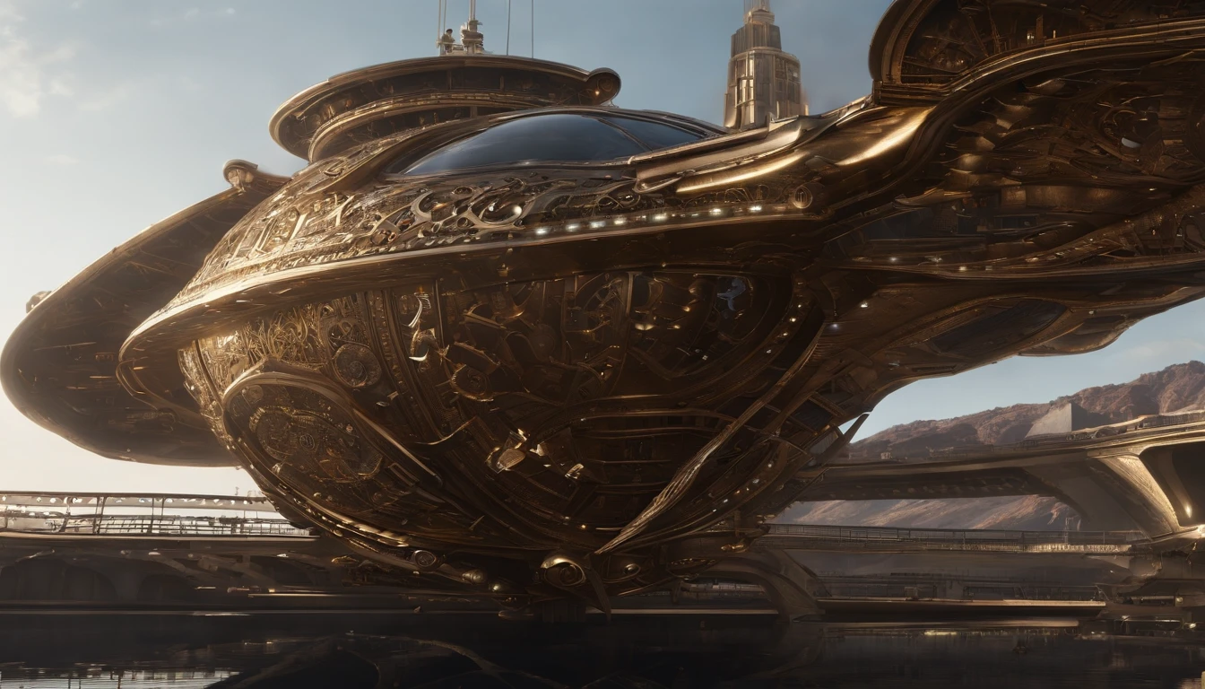 A breathtaking, awe-inspiring steampunk star batship designed by Spielberg, soaring through the vastness of space near Saturn. The ship is adorned with 750,000 intricate details and features, including a glowing motherboard that forms its backbone. Smoke exiting it's tailpipe and riveting artillery are visible, while sparks crackle in the periphery. The crystal diamond bat-ear-shaped nacelles in the rear illuminate the scene, and the ship's design seamlessly blends elements of anime, fashion, ukiyo-e, architecture, and more. The overall atmosphere is a captivating dark fantasy world, combining typography, product, poster, 3D render, portrait photography, cinematic elements, conceptual art, and graffiti into a visually stunning masterpiece.