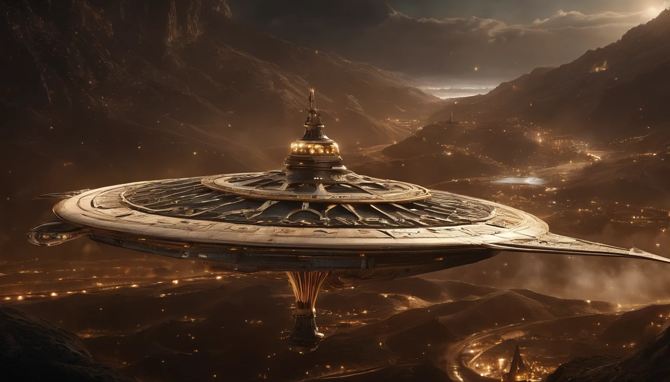 A breathtaking, awe-inspiring steampunk star batship designed by Spielberg, soaring through the vastness of space near Saturn. The ship is adorned with 750,000 intricate details and features, including a glowing motherboard that forms its backbone. Smoke exiting it's tailpipe  and riveting artillery are visible, while sparks crackle in the periphery. The crystal diamond bat-ear-shaped nacelles in the rear illuminate the scene, and the ship's design seamlessly blends elements of anime, fashion, ukiyo-e, architecture, and more. The overall atmosphere is a captivating dark fantasy world, combining typography, product, poster, 3D render, portrait photography, cinematic elements, conceptual art, and graffiti into a visually stunning masterpiece.