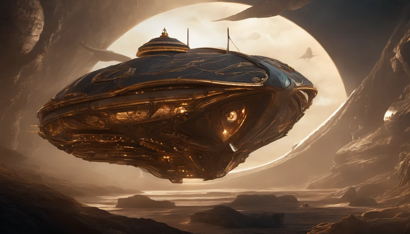 A breathtaking, awe-inspiring steampunk star batship designed by Spielberg, soaring through the vastness of space near Saturn. The ship is adorned with 750,000 intricate details and features, including a glowing motherboard that forms its backbone. Smoke exiting it's tailpipe  and riveting artillery are visible, while sparks crackle in the periphery. The crystal diamond bat-ear-shaped nacelles in the rear illuminate the scene, and the ship's design seamlessly blends elements of anime, fashion, ukiyo-e, architecture, and more. The overall atmosphere is a captivating dark fantasy world, combining typography, product, poster, 3D render, portrait photography, cinematic elements, conceptual art, and graffiti into a visually stunning masterpiece.