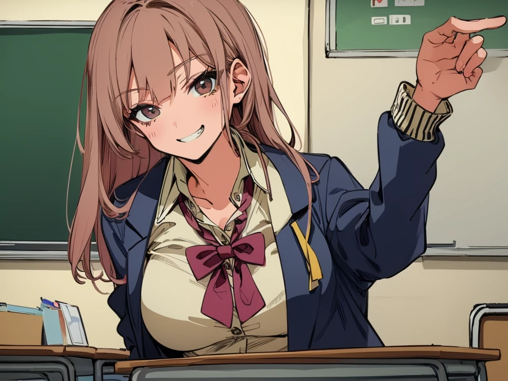 high school girl、Dressed in high 、School classroom、(Big Breasts)、Grinning face、((solo))、smirk