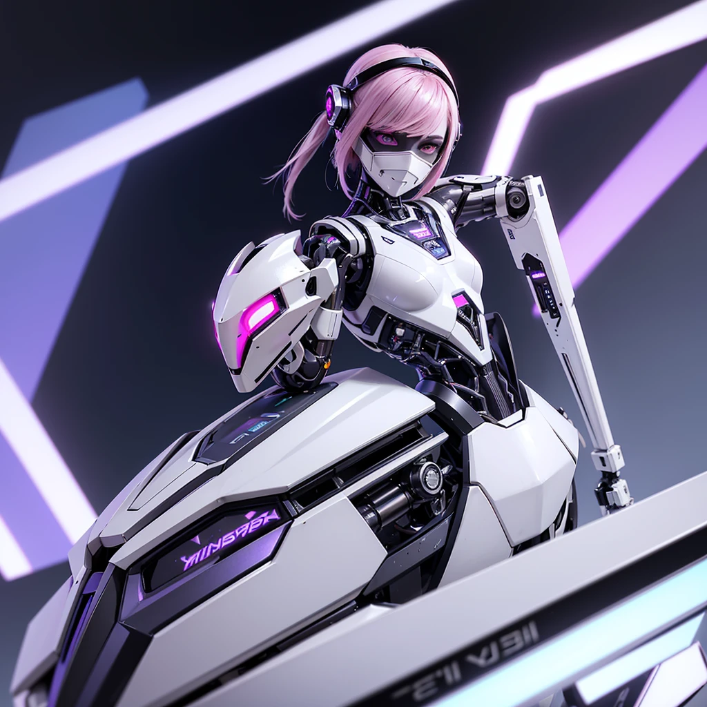 a girl with a sleek and attractive robotic body, featuring high-tech components. She has short pink hair, purple eyes, and an angry expression. She is wearing a mask that partially obscures her face, with her polished mechanical limbs and torso emphasizing her allure despite her intense emotions. (((white cyber masker))), ((body position standing upright))