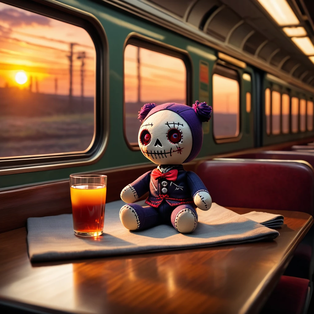 (knitted toy voodoo doll:1.2), (Voodoo sits at the table in the train compartment:1.8), on the table a glass of tea, in the background a window in a train with a sunset, the atmosphere of the train, best quality, masterpiece, detailed soft oil painting, detailed background, dramatic cinematic lighting, soft edge lighting, professional, dramatic lighting, hard edge lighting, ultra quality, 4k,masterpiece, best quality, 8k, ultra highres, highres, extremely detailed