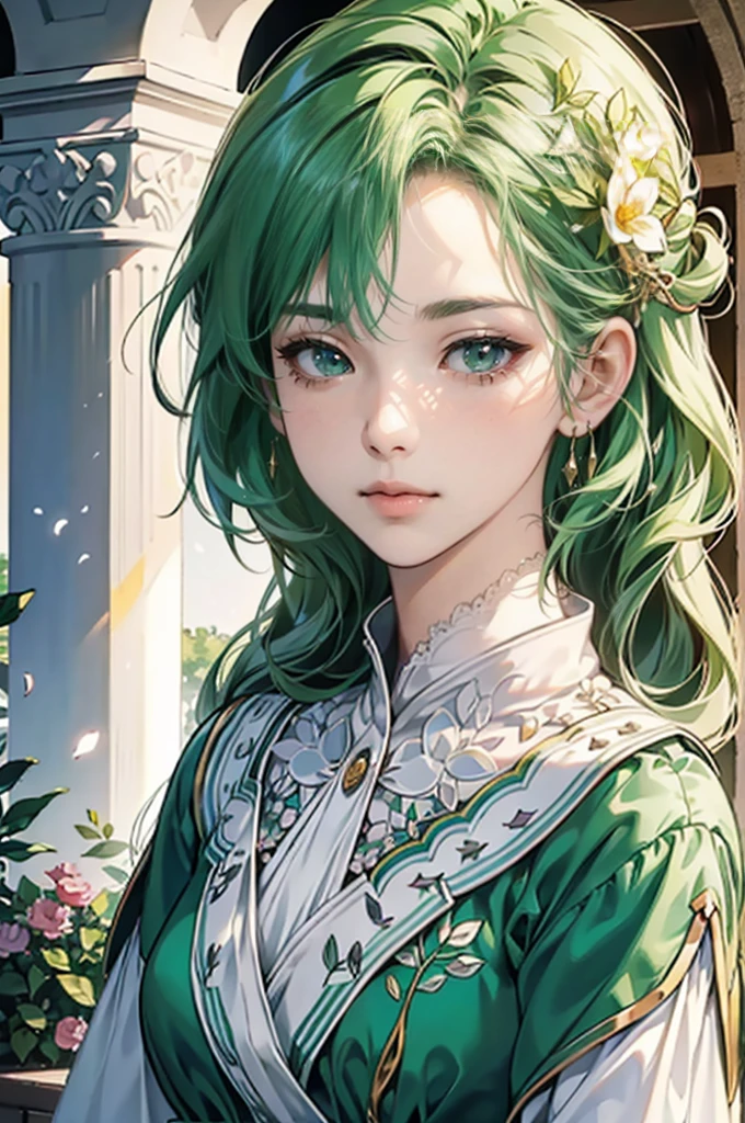 (masterpiece, high resolution, Ultra-detailed:1.0), (1W, adult women), perfect female body,eyes look at the camera, (nobility:1.3), delicate eyes and delicate face, very detailed CG, unity 8k wallpaper, intricate details, Solo person, detailed face, (초록 nobility 의상, with green hair, brown eyes, Glad look), outdoor, Sonoko, Flowers and trees, marble column, color difference, depth of field, dramatic shadows, ray tracing, best quality, portrait