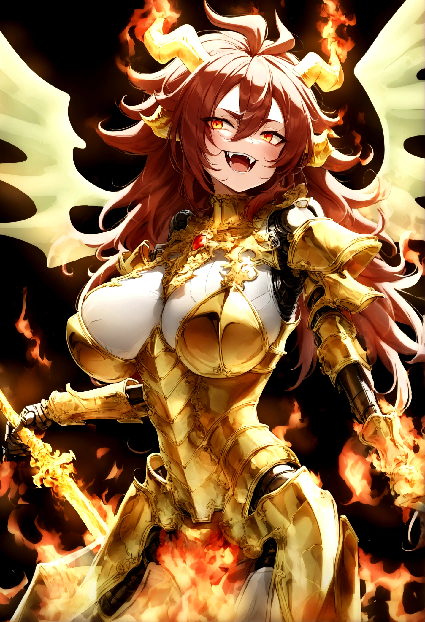 ((Lightning Power)), ((Electricity)), ((Fire Background)), ((Lightning Storm)), ((Power Erupting)),((((android 21 Evil)))), (((white Coat))), (((Busty))), (((((Big breast:1,3)))), luxury bustier corset, (((silver hair))), (((Very slim waist))), propotional body, ((Gorgeous)), (((gold wings))), masterpiece, hyperdetail, ambient effect, digital effect, (((Fangs))), (((FIRE SWORD)), (((Lightning Sword))), (((Fire Gold Armor))), (((Lightning Gold Wings))), (((Transparant Wings))), (((Fire Blazing Horns)))