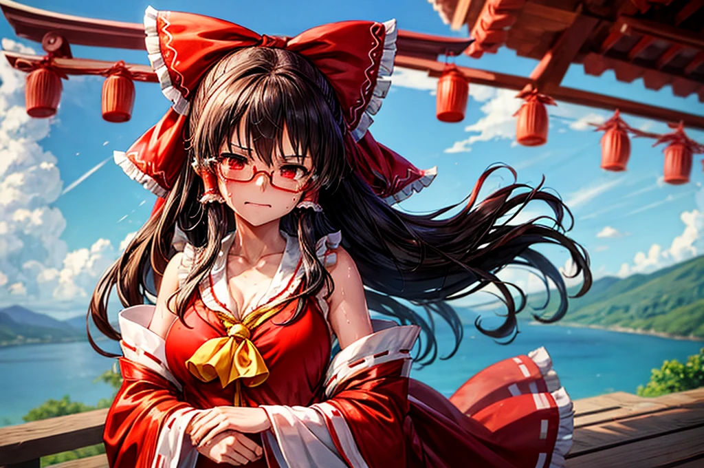 Reimu Hakurei　Glasses 　Watery eye　Sweaty　Disgusted face, shrine maiden outfit　Shake your body　A man gropes her breasts from behind　shrine　tatami