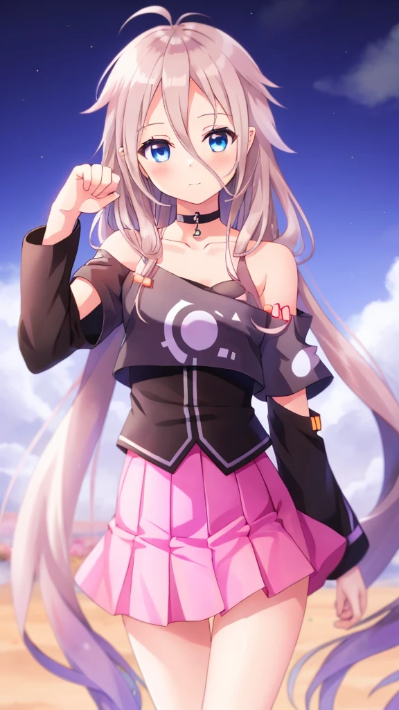 one girl, IA, vocaloid, skirt, black shirt, off shoulder, choker, beautiful, naive, upperbody, cute pose