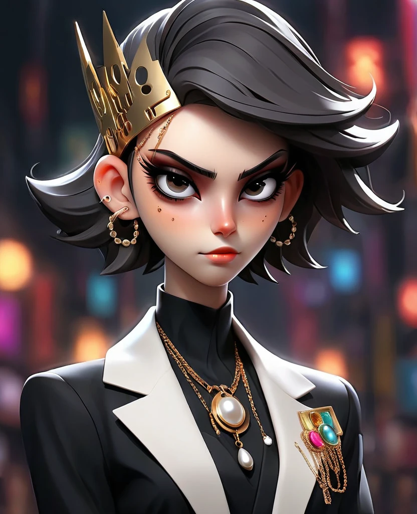 (Digital Illustration,Detailed anime style,Heavy Metal Cyberpunk,Pearl tassel eye mask,Girl wearing metal hollow mask eyepatch,Queen aura,out a hand,Solitary,symmetry),(Big colorful eyes,Fashionable and exquisite facial features,Exquisite makeup,Smooth skin,Smile,Soulful gaze,),(Hair Bunch),(Black suit,Epaulettes-Chain,cool,),(((Correct human anatomy))),Radioactive geometric dynamic light wave background,fireworks