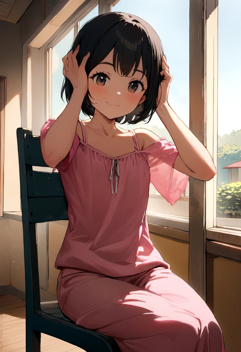 One girl, short hair,Black Hair,smile, summer, Sitting on a chair,Hold your head high,5th grade elementary school, Look here, Pink Tank Top,front,transparent, (masterpiece, Highest quality), Soft Light, Structure of the film, Like a movie