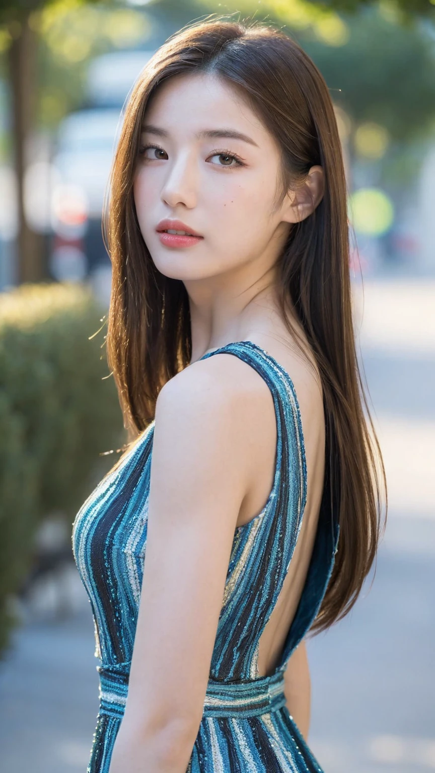 ((Best quality, 8K, masterpiece:1.3))，1girl，18 years old，Asian，Real texture:1.3，(Background blur:1.3)，Gorgeous long dress，Tall and slender figure:1.2，(Hot summer weather)，（street:1.3），Highly detailed face and skin textures，Exquisite eyes，Long eyelashes，Double eyelids，Skin Whitening，happy