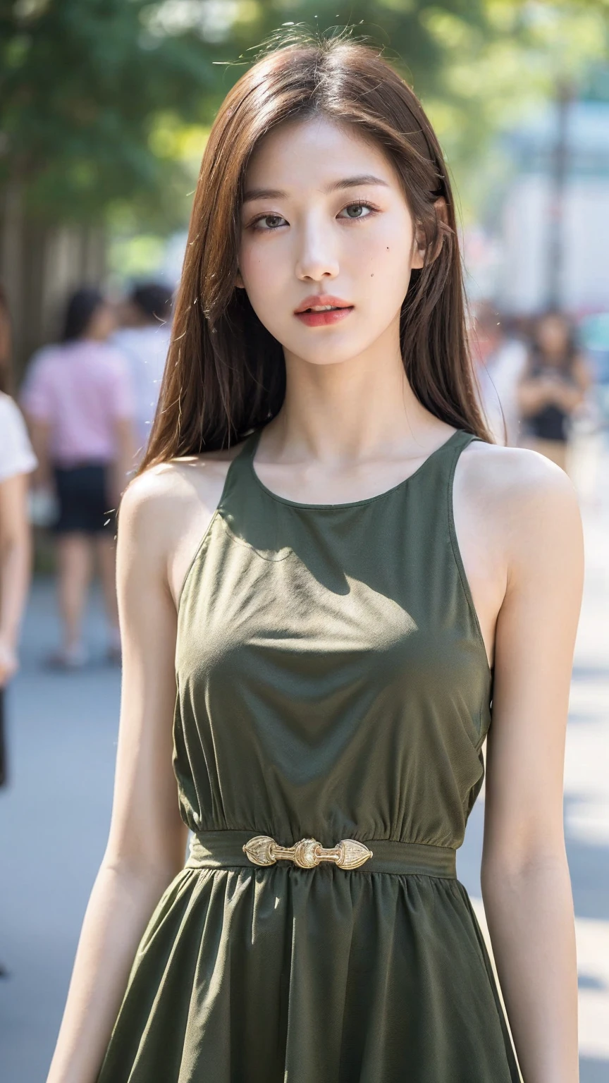 ((Best quality, 8K, masterpiece:1.3)),1girl,18 years old,Asian,Real texture:1.3,(Background blur:1.3),Gorgeous long dress,Tall and slender figure:1.2,(Hot summer weather),(street:1.3),Highly detailed face and skin textures,Exquisite eyes,Long eyelashes,Double eyelids,Skin Whitening,happy