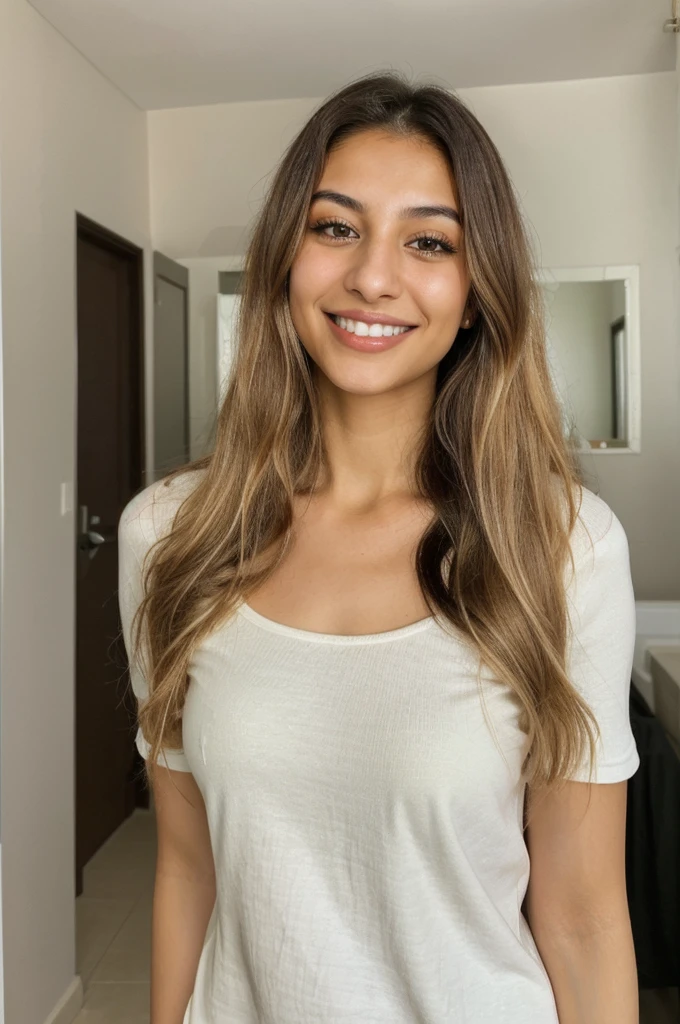 24YO, one attractive Jordanian women, cute smile, white teethes, skinny face, green shirt, light brown eyes, small nose, black/blonde long hair