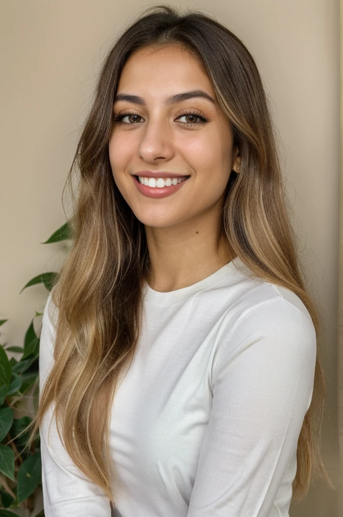 24YO, one attractive Jordanian women, cute smile, white teethes, skinny face, green shirt, light brown eyes, small nose, black/blonde long hair