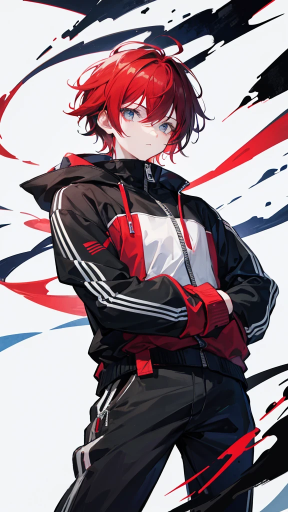 An illustration of a cool-looking boy around 15 years old with 80% black and 20% red hair, wearing a tracksuit with the zipper open