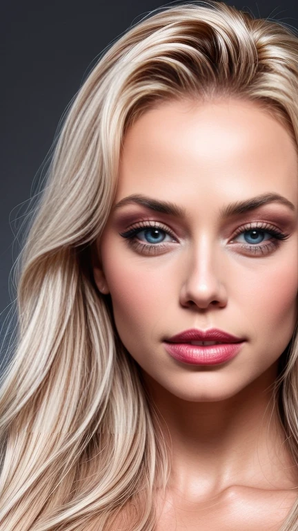 Victoria Lopyreva.  portrait.  close-up. Beautiful young girl. (Fake Lips, huge lips, lip filler).  Instagram model. platinum blonde.  Gray background