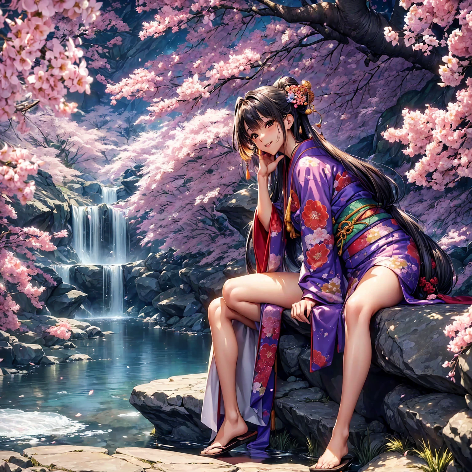 (((Highest quality、masterpiece、Very high resolution、High-resolution images)))、Beauty Painting、(Strong-willed beautiful woman:18-year-old、Beautiful body:slender、Beautiful Face:smile、Beautiful Hair:Mr.々Hair style)、 (Best skin and hair texture)、(((Japanese Kimono:Colorful Japanese patterns)))、(Beautiful waterfront、There is a waterfall、Cherry blossoms and a fantastic night sky、Natural light、Beautiful views)(Beautiful pose:Sitting on stone steps)、Accurate Images:1.5、Accurate anatomy:1.5、Flawless images、Perfect Image、Overall image、(Best Shot、RAW Photos:1.2)