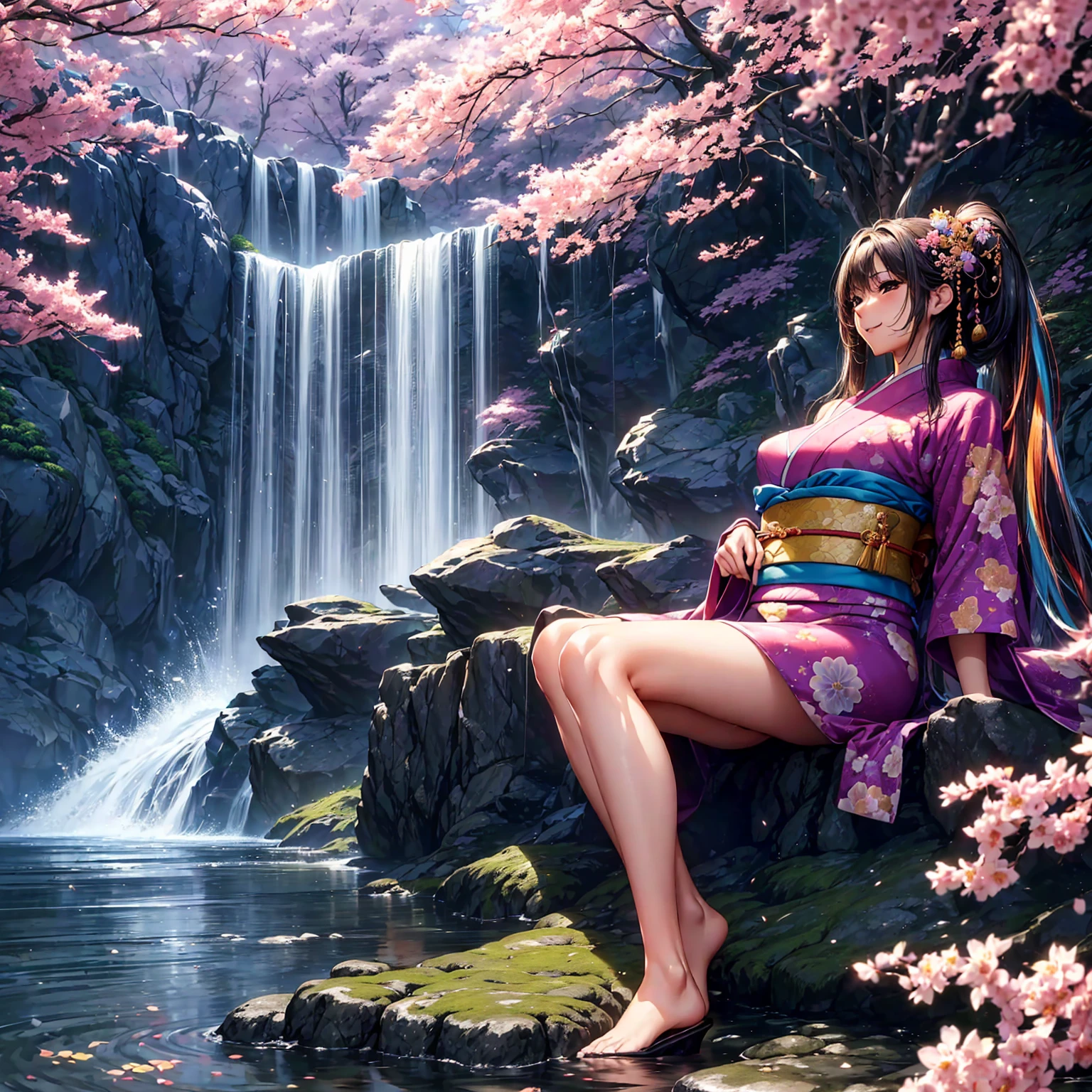 (((Highest quality、masterpiece、Very high resolution、High-resolution images)))、Beauty Painting、(Strong-willed beautiful woman:18-year-old、Beautiful body:slender、Beautiful Face:smile、Beautiful Hair:Mr.々Hair style)、 (Best skin and hair texture)、(((Japanese Kimono:Colorful Japanese patterns)))、(Beautiful waterfront、There is a waterfall、Cherry blossoms and a fantastic night sky、Natural light、Beautiful views)（Beautiful pose:Sitting on stone steps）、Accurate Images:1.5、Accurate anatomy:1.5、Flawless images、Perfect Image、Overall image、(Best Shot、RAW Photos:1.2)
