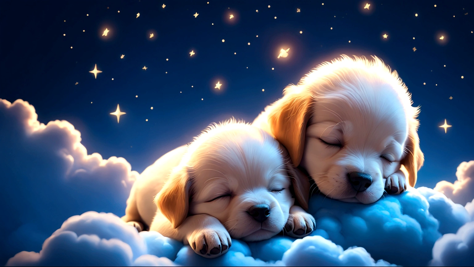 puppy sleeping in the clouds with puppy by his side