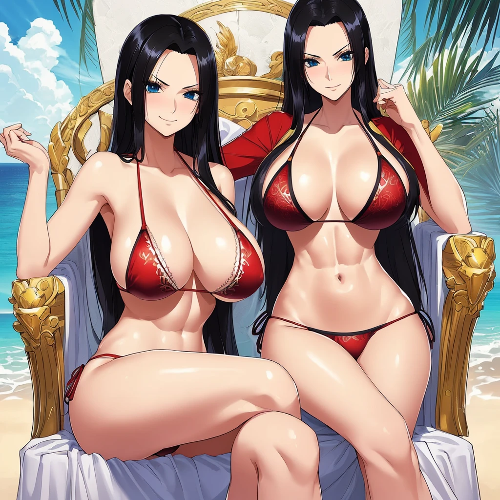 best quality, masterpiece, very detailed,1sexy girl, (Light detail), boa hancock,, (masterpiece) illustration: 1.5), detailed photo, smirk, (8k, best quality: 1, 4), beautiful face, (anime face), (gorgeous black hair, in red bikini, long hair: 1.3), beautiful hairstyle, Bright ocean blue eyes, Beautiful detailed eyes,, Beautiful skin, huge detailed chest, visible abs, high resolution, installed in a throne