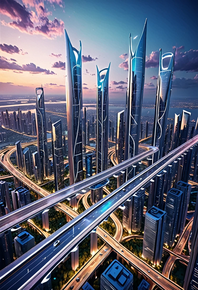 Imagine a futuristic avant-garde skyway city, the skyhighways interconnecting the ultra high buildings, cinematic, aerial view, twilight