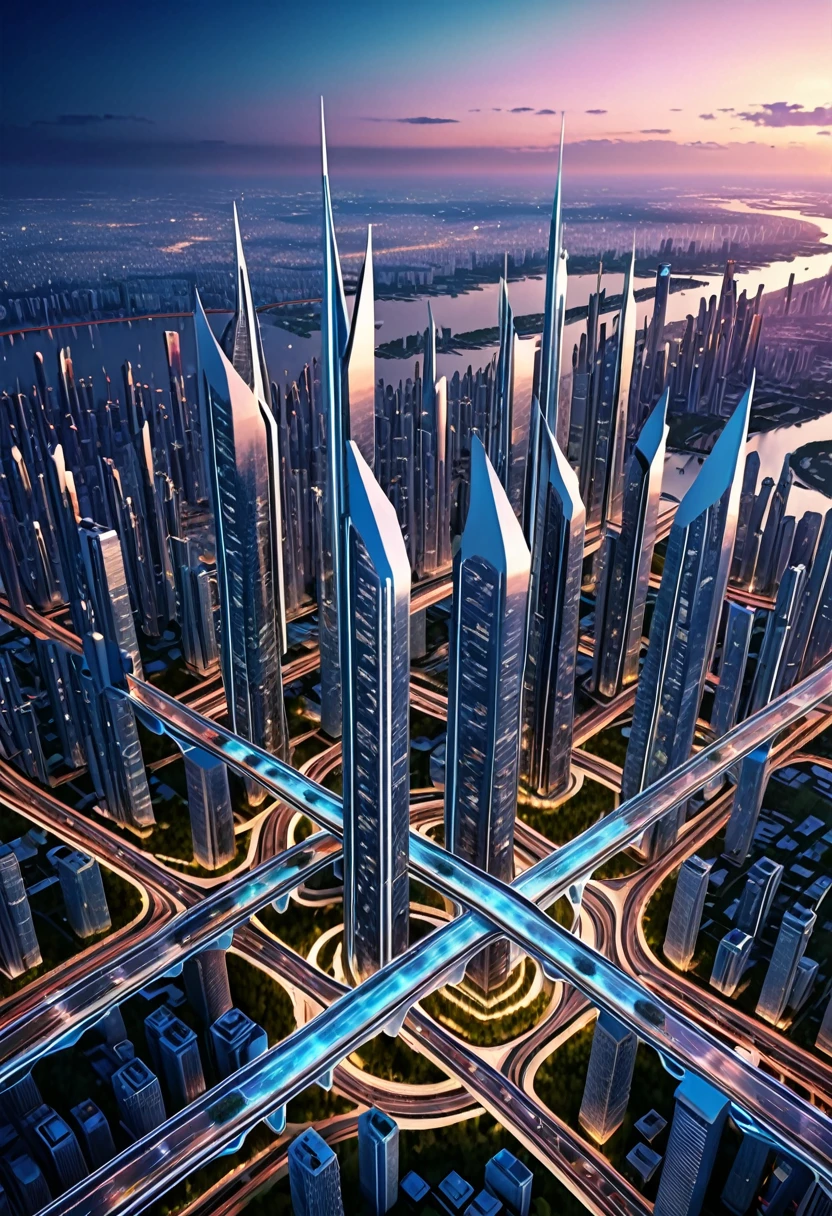 Imagine a futuristic avant-garde skyway city, the skyhighways interconnecting the ultra high buildings, cinematic, aerial view, twilight