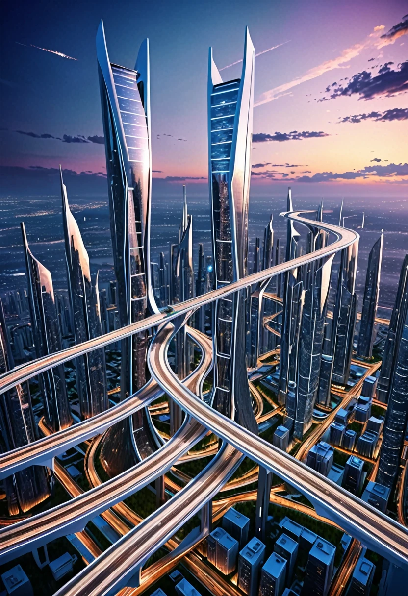 Imagine a futuristic avant-garde skyway city, the skyhighways interconnecting the ultra high buildings, cinematic, aerial view, twilight