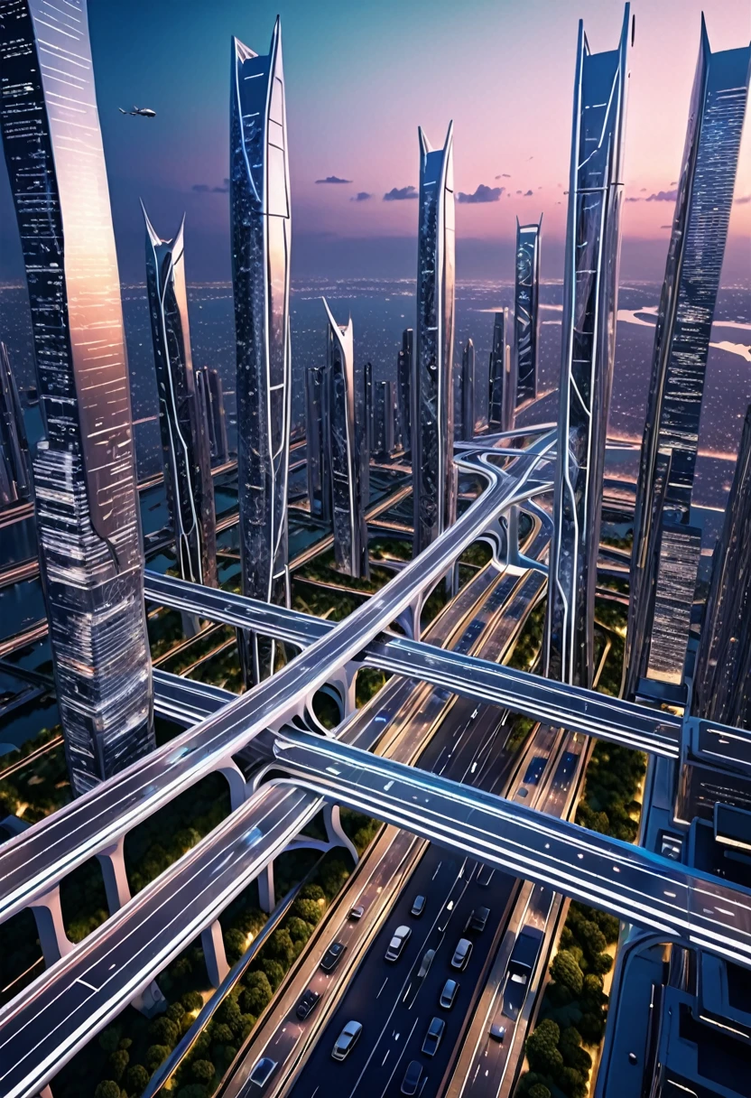 Imagine a futuristic avant-garde skyway city, the skyhighways interconnecting the ultra high buildings, cinematic, aerial view, twilight