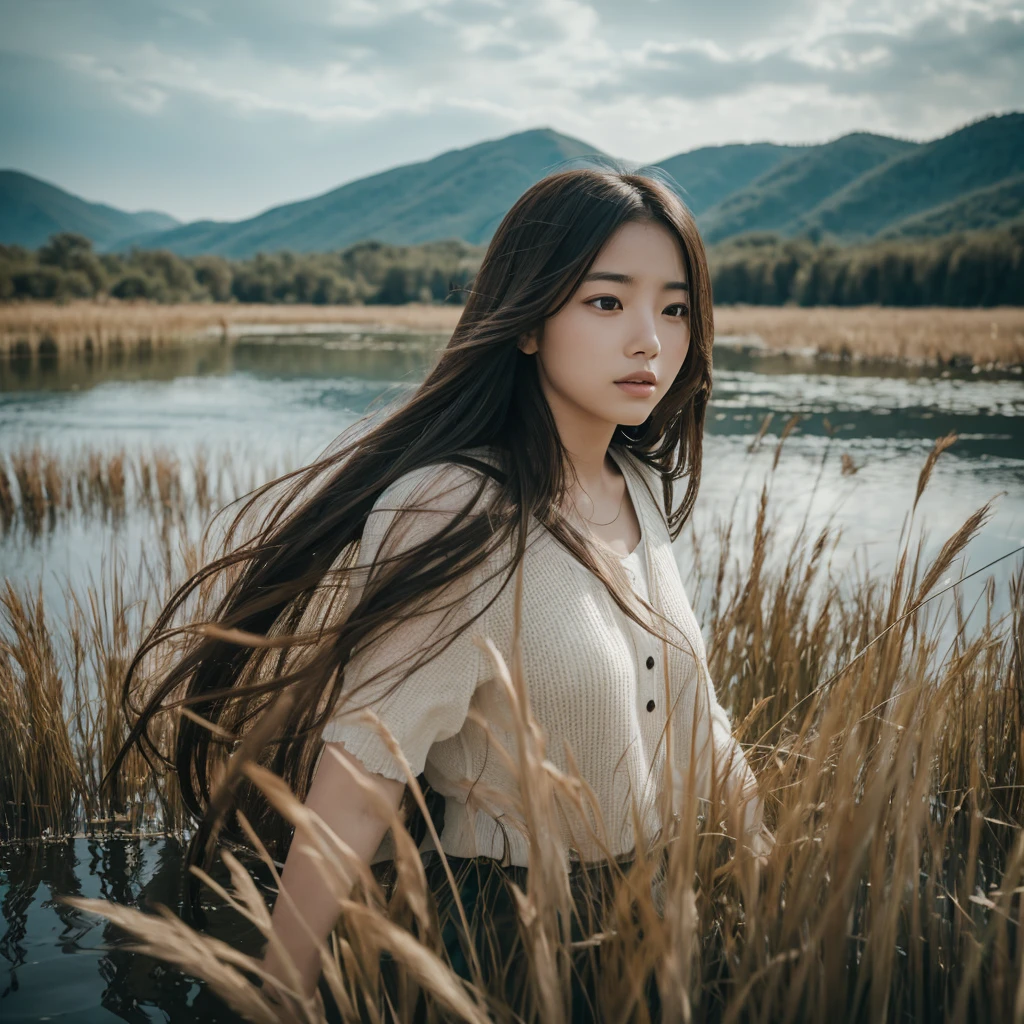 A beautiful woman with long hair playing in a lake surrounded by reeds hyper realistic mono 20yearsold