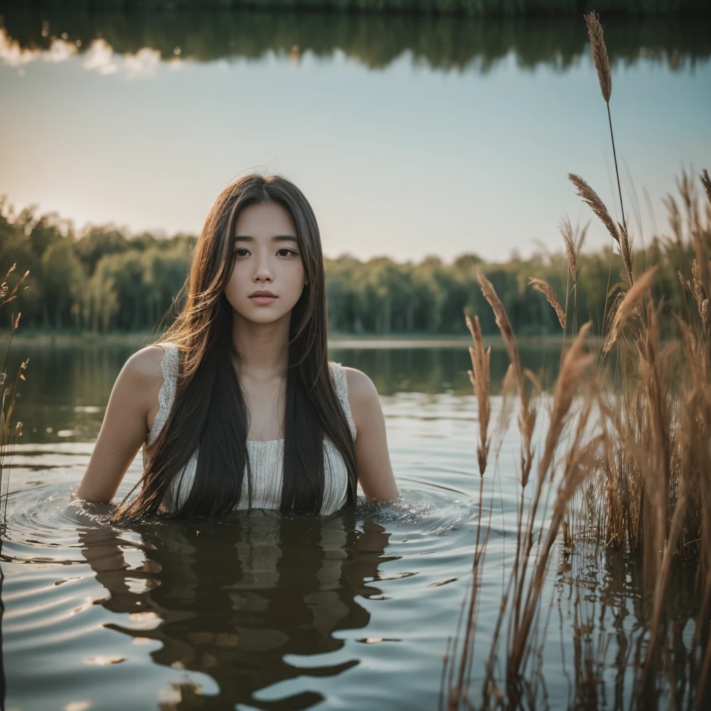 A beautiful woman with long hair playing in a lake surrounded by reeds hyper realistic mono 20yearsold