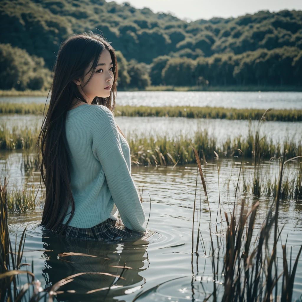A beautiful woman with long hair playing in a lake surrounded by reeds hyper realistic mono 20yearsold