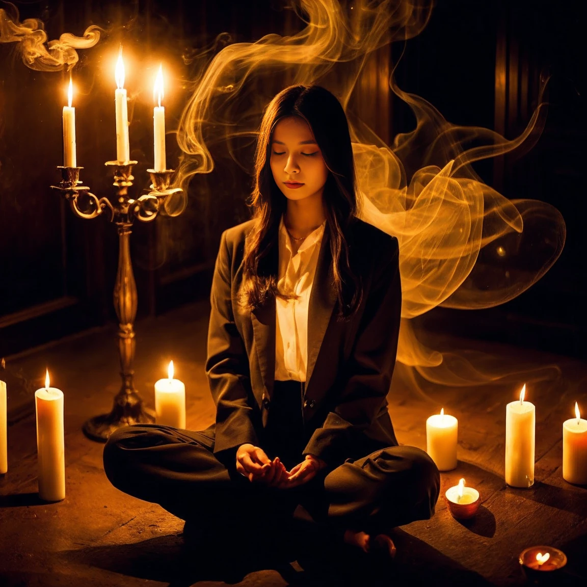 A young girl in sexy suit meditating in a cross-legged position in a dark room illuminated by candlelight, accompanied by incense smoke, with a figure of a demon appearing behind him