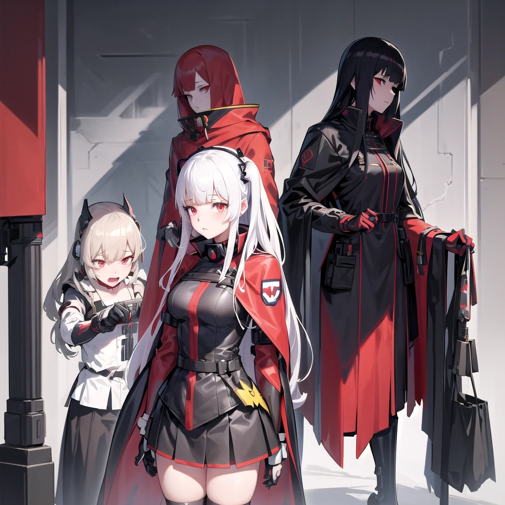 anime character with three man soldiers in raincoats and red cape, a portrait by Kamagurka, auto-destructive art, anime maid ss military, from girls frontline, girls frontline style, badass anime 8 k, best anime 4k konachan wallpaper, mechanized soldier girl, gapmoe yandere grimdark
