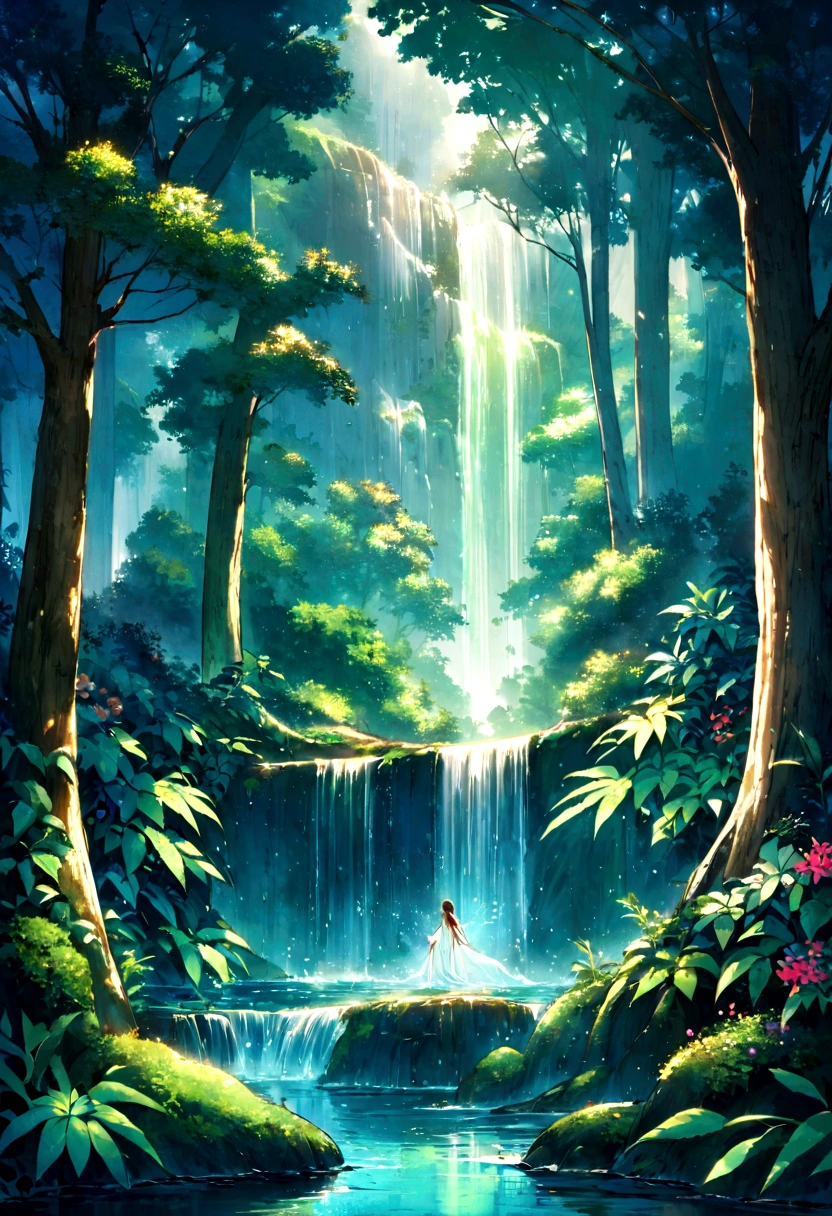 In the heart of the forest, a jubilant waterfall erupts with vigor. Crystalline waters fall from imposing heights, forming a liquid curtain that refreshes the air. The surrounding vegetation is lush with vibrant plants and tall trees. Sunbeams find space between the leaves, creating patches of light that dance on the water. The sound of the waterfall is a natural symphony, while the air is filled with the scent of damp earth. The scene invites you to connect with nature and find inspiration in the strength and beauty of life that flows.