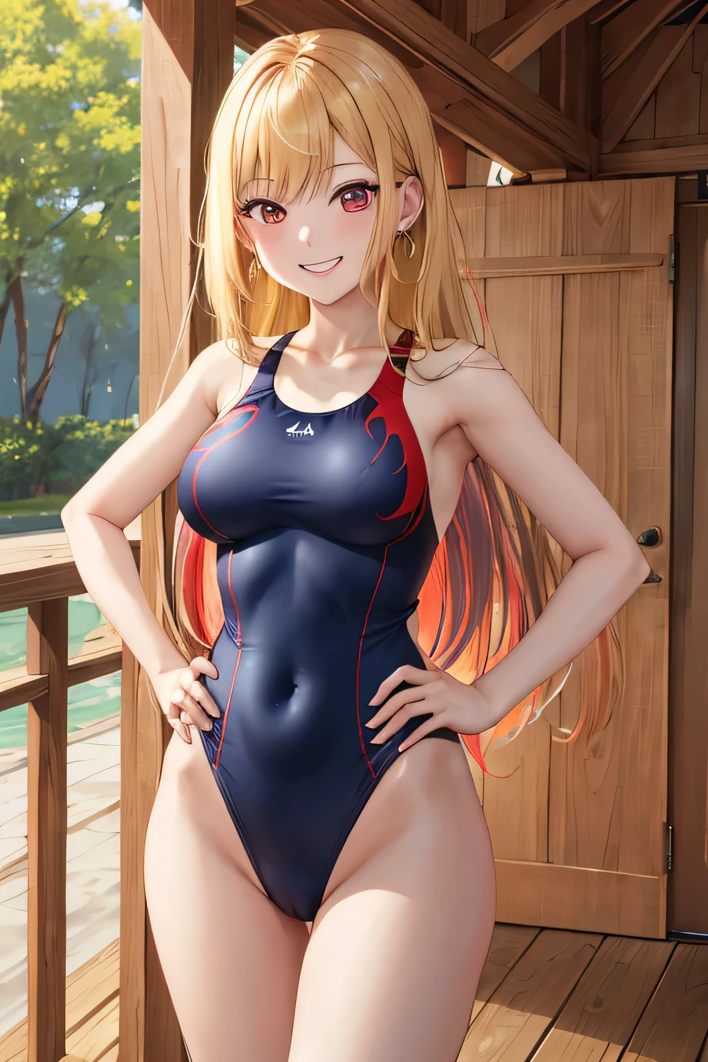 masterpiece, Highest quality, High resolution, kitagawa marin, One girl, Blonde, Long Hair, Multicolored Hair, Red eyes, jewelry, Earrings, Earrings, , Navy blue swimsuit、Dark blue racing swimsuit、 Hands on hips, ,Grin, smile, Are standing, Cowboy Shot, Outdoor,