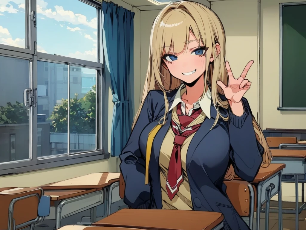 high school girl、Dressed in high 、School classroom、(Big Breasts)、Grinning face、((solo))、smirk
