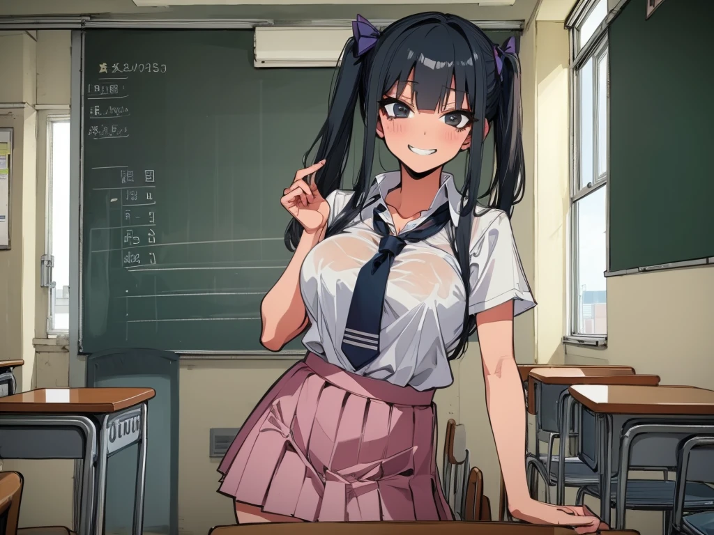 high school girl、Dressed in high 、School classroom、(Big Breasts)、Grinning face、((solo))、smirk