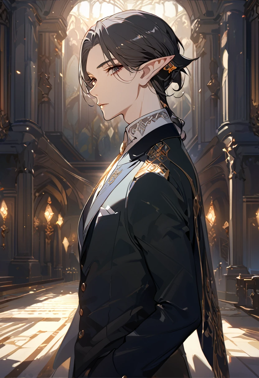 masterpiece, best quality, 8k ,4k , 1 male, elf, long ears elf, dark grayish hair, dark greenish eyes, hair ornament, finely detailed eyes and detailed face, looking at viewer, from side, meticulous clothes, formal clothes, combination of white and black coat, half cape by the shoulders, patterned clothes, majestic looks, sharp looks, shadows, inspired by Asukaziye artist : ask, art style : ask