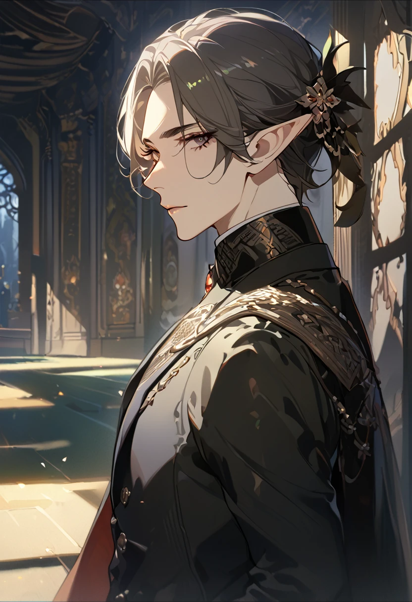 masterpiece, best quality, 8k ,4k , 1 male, elf, long ears elf, dark grayish hair, dark greenish eyes, hair ornament, finely detailed eyes and detailed face, looking at viewer, from side, meticulous clothes, formal clothes, combination of white and black coat, half cape by the shoulders, patterned clothes, majestic looks, sharp looks, shadows, inspired by Asukaziye artist : ask, art style : ask