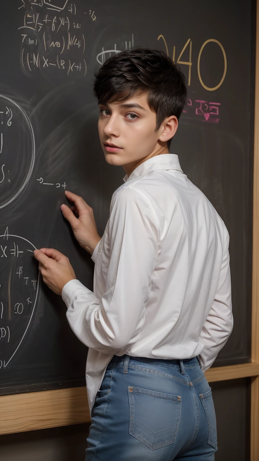 A cute, beautiful, black-haired male twink is wearing a luxurious, bright white, long-sleeved shirt and jeans. He is in his graduation speech, speaking, and a mind map comes out of his head, and behind him is a blackboard with calculus written on it, and neon waves come out of the blackboard.