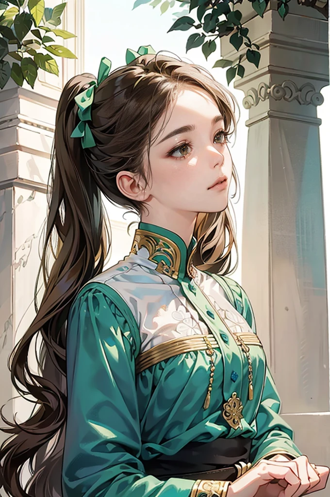 (masterpiece, high resolution, Ultra-detailed:1.0), (1W, adult women), perfect female body,eyes look at the camera, (nobility:1.3), delicate eyes and delicate face, very detailed CG, unity 8k wallpaper, intricate details, Solo person, detailed face, (nobility 의상, with green pigtails, brown eyes, Glad look), outdoor, Sonoko, Flowers and trees, marble column, color difference, depth of field, dramatic shadows, ray tracing, best quality, portrait