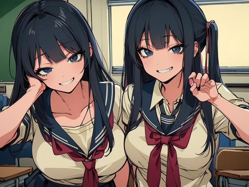 high school girl、Dressed in high 、School classroom、(Big Breasts)、Grinning face、((solo))、smirk