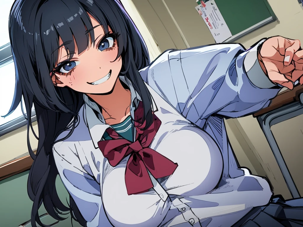 high school girl、Dressed in high 、School classroom、(Big Breasts)、Grinning face、((solo))、smirk
