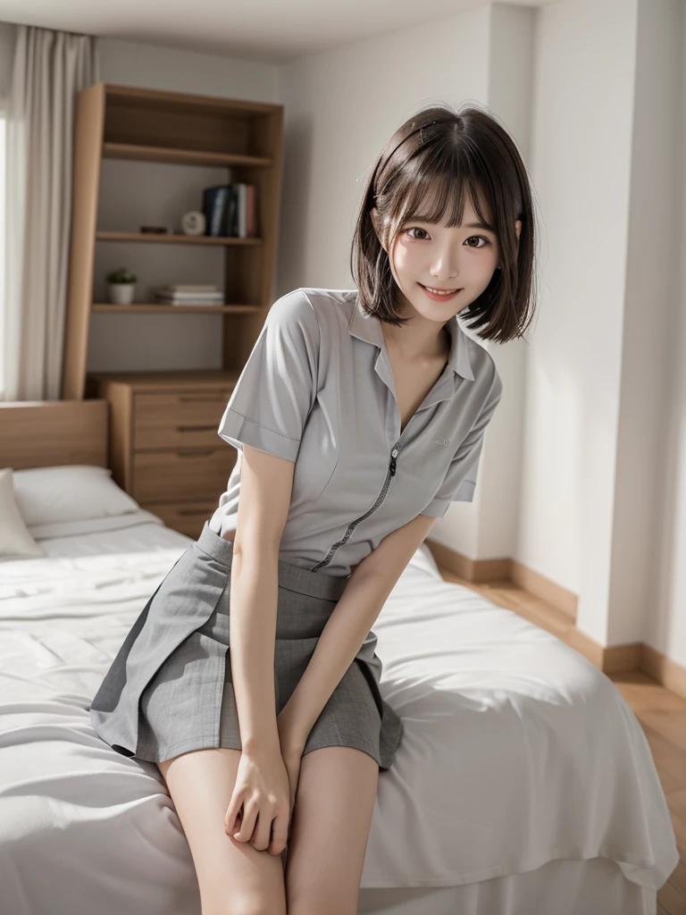 (Highest quality、masterpiece:1.9)、((Neat and clean female college student、1 person))、Soft lighting by a professional photographer、Natural light、((Very spacious white luxurious room:1.6))、((Bright white room:1.6))、(Sitting on a very luxurious white bed:1.2)、(White Bookcase:1.1)、Natural soft light、((Black Hair:1.1))、Fair skin、Detailed Eyes、double eyelid、Slightly puffy cheeks、((Small Face:1.0))、((Checked one-piece shirt、Grey mini skirt、Please wear it with the chest open.:1.4))、(smile)、((Girly pose 1.8))、High resolution,、((Short Bob Cut Hair:1.2))、((Full Body Shot:1.2))、Live-action image quality、((Height: 150cm))、Hands in front、Hide your hands between your legs、(bangs:1.1)、